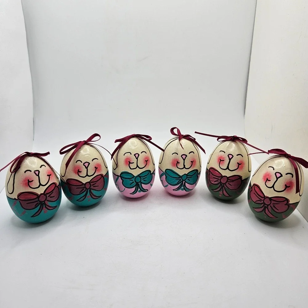 Set of 6 Hand Painted Wooden Easter Bunny Eggs Folk Art Rabbit Shelf Table Decor